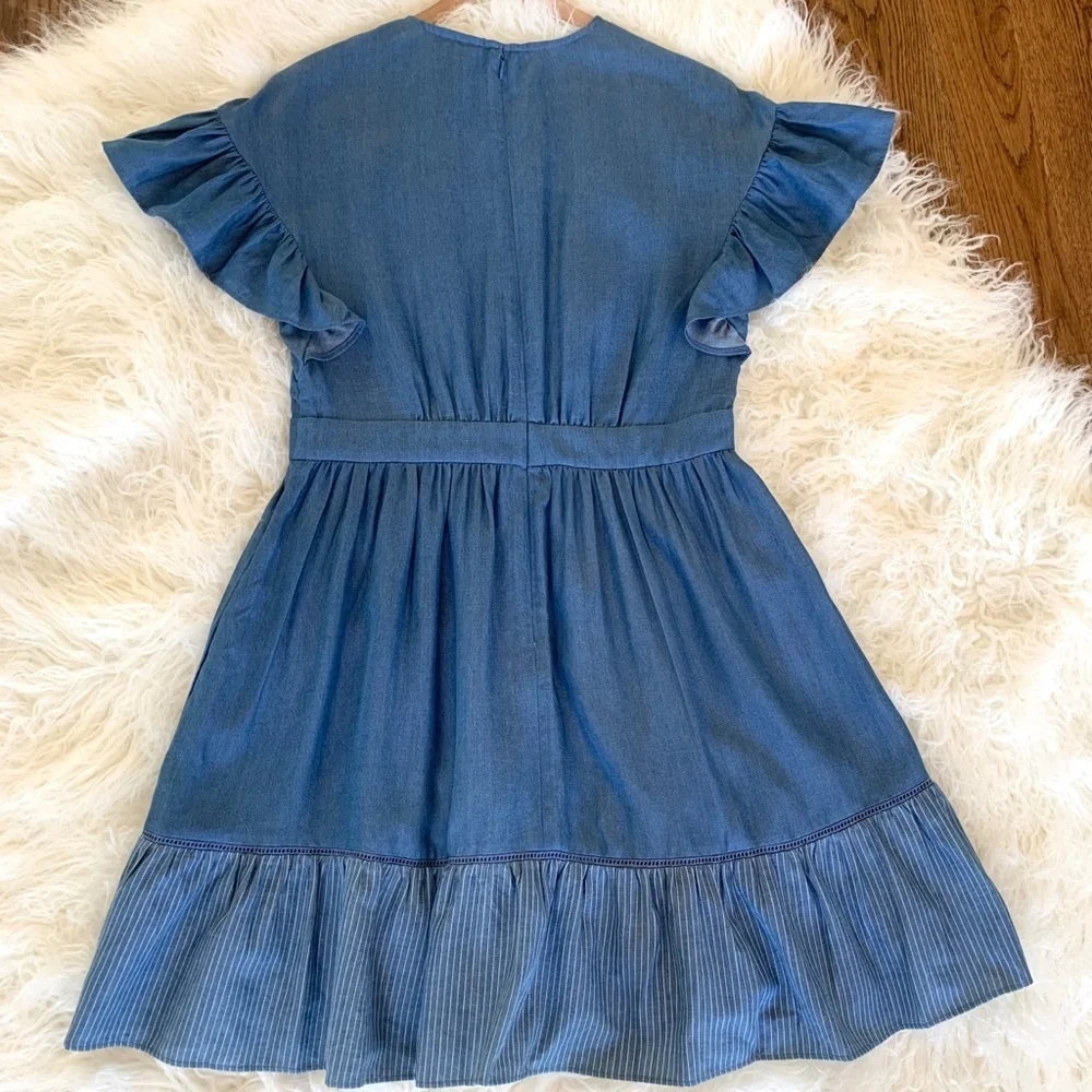 NEW KATE SPADE Chambray Fluffer Sleeve Ruffle Hem Indigo Mini Dress size 8 - Picture 9 of 16